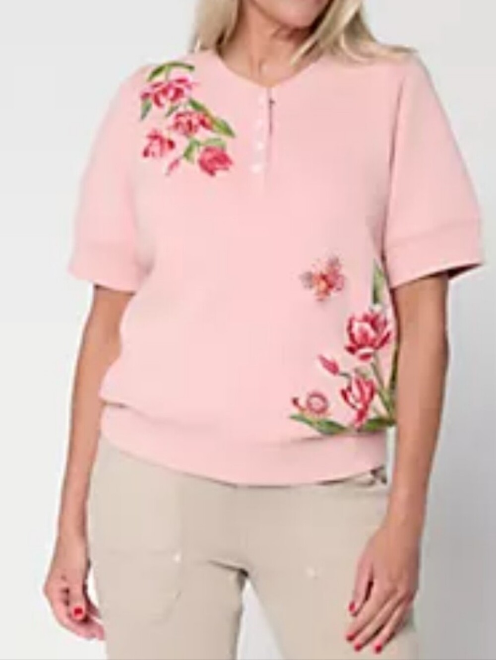Floral Embroidered Pink Short-Sleeve Henley Top Twirly Tulips Crystal Rose - Picture 2 of 13